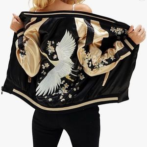 Floral embroidered reversible satin bomber jacket.